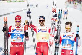 03.03.2019, Seefeld, Austria (AUT): Alexander Bolshunov (RUS), Hans Christer Holund (NOR), Sjur Roethe (NOR), (l-r)  - FIS nordic world ski championships, cross-country, mass men, Seefeld (AUT). www.nordicfocus.com. © Modica/NordicFocus. Every downloaded picture is fee-liable.