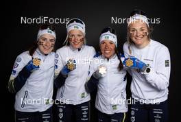 28.02.2019, Seefeld, Austria (AUT): Ebba Andersson (SWE), Frida Karlsson (SWE), Charlotte Kalla (SWE), Stina Nilsson (SWE) - FIS nordic world ski championships, cross-country, medals, Seefeld (AUT). www.nordicfocus.com. Free handout image for editorial use for print and online media. No secondary purchase. © GEPA-pictures/WSC Seefeld 2019 