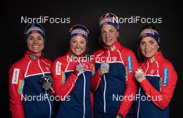 28.02.2019, Seefeld, Austria (AUT): Heidi Weng (NOR), Ingvild Flugstad Oestberg (NOR), Astrid Uhrenholdt Jacobsen (NOR), Therese Johaug (NOR) - FIS nordic world ski championships, cross-country, medals, Seefeld (AUT). www.nordicfocus.com. Free handout image for editorial use for print and online media. No secondary purchase. © GEPA-pictures/WSC Seefeld 2019 