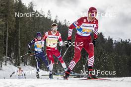 01.03.2019, Seefeld, Austria (AUT): Alexander Bolshunov ((RUS)), Sjur Roethe ((NOR)), Matti Heikkinen ((FIN)), (l-r)  - FIS nordic world ski championships, cross-country, 4x10km men, Seefeld (AUT). www.nordicfocus.com. © Modica/NordicFocus. Every downloaded picture is fee-liable.