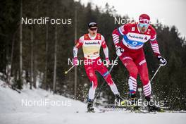 01.03.2019, Seefeld, Austria (AUT): Sergey Ustiugov ((RUS)), Johannes Hoesflot Klaebo ((NOR)), (l-r)  - FIS nordic world ski championships, cross-country, 4x10km men, Seefeld (AUT). www.nordicfocus.com. © Modica/NordicFocus. Every downloaded picture is fee-liable.