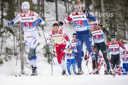 01.03.2019, Seefeld, Austria (AUT): Oskar Svensson ((SWE)), Emil Iversen ((NOR)), Erik Bjornsen ((USA)), Sebastian Eisenlauer ((GER)), Alex Harvey ((CAN)), (l-r)  - FIS nordic world ski championships, cross-country, 4x10km men, Seefeld (AUT). www.nordicfocus.com. © Modica/NordicFocus. Every downloaded picture is fee-liable.