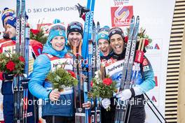 01.03.2019, Seefeld, Austria (AUT): Adrien Backscheider ((FRA)), Maurice Manificat ((FRA)), Clement Parisse ((FRA)), Richard Jouve ((FRA)), (l-r)  - FIS nordic world ski championships, cross-country, 4x10km men, Seefeld (AUT). www.nordicfocus.com. © Modica/NordicFocus. Every downloaded picture is fee-liable.