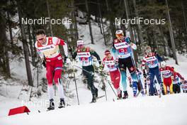 01.03.2019, Seefeld, Austria (AUT): Emil Iversen ((NOR)), Sebastian Eisenlauer ((GER)), Andrey Larkov ((RUS)), Adrien Backscheider ((FRA)), Erik Bjornsen ((USA)), (l-r)  - FIS nordic world ski championships, cross-country, 4x10km men, Seefeld (AUT). www.nordicfocus.com. © Modica/NordicFocus. Every downloaded picture is fee-liable.