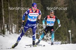 01.03.2019, Seefeld, Austria (AUT): Perttu Hyvarinen ((FIN)), Richard Jouve ((FRA)), (l-r)  - FIS nordic world ski championships, cross-country, 4x10km men, Seefeld (AUT). www.nordicfocus.com. © Modica/NordicFocus. Every downloaded picture is fee-liable.