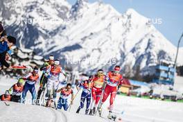 28.02.2019, Seefeld, Austria (AUT): Ebba Andersson (SWE), Heidi Weng (NOR), Yulia Belorukova (RUS), Laura Mononen (FIN), Julia Kern (USA), Victoria Carl (GER), (l-r)  - FIS nordic world ski championships, cross-country, 4x5km women, Seefeld (AUT). www.nordicfocus.com. © Modica/NordicFocus. Every downloaded picture is fee-liable.