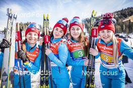28.02.2019, Seefeld, Austria (AUT): Yulia Belorukova (RUS), Anastasia Sedova (RUS), Anna Nechaevskaya (RUS), Natalia Nepryaeva (RUS), (l-r)  - FIS nordic world ski championships, cross-country, 4x5km women, Seefeld (AUT). www.nordicfocus.com. © Modica/NordicFocus. Every downloaded picture is fee-liable.