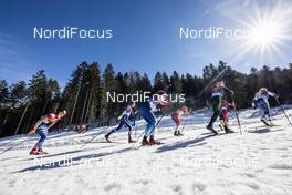 28.02.2019, Seefeld, Austria (AUT): Heidi Weng (NOR), Ingvild Flugstad Oestberg (NOR), Yulia Belorukova (RUS), Laura Mononen (FIN), Julia Kern (USA), Victoria Carl (GER), Laurien Van Der Graaff (SUI), Katja Visnar (SLO), Anna Comarella (ITA), (l-r)  - FIS nordic world ski championships, cross-country, 4x5km women, Seefeld (AUT). www.nordicfocus.com. © Modica/NordicFocus. Every downloaded picture is fee-liable.