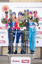23.02.2019, Seefeld, Austria (AUT): Ingvild Flugstad Oestberg (NOR), Therese Johaug (NOR), Natalia Nepryaeva (RUS), (l-r) - FIS nordic world ski championships, cross-country, skiathlon women, Seefeld (AUT). www.nordicfocus.com. © Modica/NordicFocus. Every downloaded picture is fee-liable.