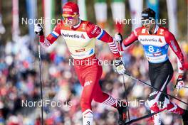 24.02.2019, Seefeld, Austria (AUT): Alexander Bolshunov (RUS), Len Valjas (CAN), (l-r)  - FIS nordic world ski championships, cross-country, team sprint, Seefeld (AUT). www.nordicfocus.com. © Modica/NordicFocus. Every downloaded picture is fee-liable.