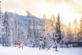 01.12.2019, Ruka, Finland (FIN): Johan Haeggstroem (SWE), Calle Halfvarsson (SWE), Jens Burman (SWE), Sjur Roethe (NOR), (l-r)  - FIS world cup cross-country, pursuit men, Ruka (FIN). www.nordicfocus.com. © Modica/NordicFocus. Every downloaded picture is fee-liable.
