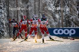 01.12.2019, Ruka, Finland (FIN): Federico Pellegrino (ITA), Sergey Ustiugov (RUS), Sindre Bjoernestad Skar (NOR), Hans Christer Holund (NOR), (l-r)  - FIS world cup cross-country, pursuit men, Ruka (FIN). www.nordicfocus.com. © Modica/NordicFocus. Every downloaded picture is fee-liable.