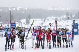 08.12.2019, Lillehammer, Norway (NOR): Sophie Caldwell (USA), Sadie Maubet Bjornsen (USA), Rosie Brennan (USA), Maiken Caspersen Falla (NOR), Astrid Uhrenholdt Jacobsen (NOR), Therese Johaug (NOR), Heidi Weng (NOR), Emma Ribom (SWE), Elina Roennlund (SWE), Charlotte Kalla (SWE), Moa Lundgren (SWE), (l-r)  - FIS world cup cross-country, 4x5km women, Lillehammer (NOR). www.nordicfocus.com. © Vianney THIBAUT/NordicFocus. Every downloaded picture is fee-liable.