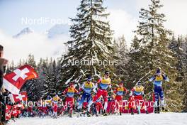 28.12.2019, Lenzerheide, Switzerland (SUI): Alexander Bolshunov (RUS), Dario Cologna (SUI), Francesco De Fabiani (ITA), Hans Christer Holund (NOR), Sergey Ustiugov (RUS), Emil Iversen (NOR), Iivo Niskanen (FIN), (l-r)  - FIS world cup cross-country, tour de ski, mass women, Lenzerheide (SUI). www.nordicfocus.com. © Modica/NordicFocus. Every downloaded picture is fee-liable.