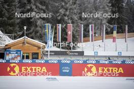 28.12.2019, Lenzerheide, Switzerland (SUI): View of the stadium with Coop and Extra Banners   - FIS world cup cross-country, tour de ski, mass women, Lenzerheide (SUI). www.nordicfocus.com. © Modica/NordicFocus. Every downloaded picture is fee-liable.