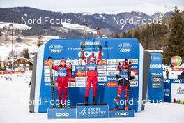 31.12.2019, Toblach, Italy (ITA): Ivan Yakimushkin (RUS), Sergey Ustiugov (RUS), Alexander Bolshunov (RUS), (l-r)  - FIS world cup cross-country, tour de ski, 15km men, Toblach (ITA). www.nordicfocus.com. © Modica/NordicFocus. Every downloaded picture is fee-liable.