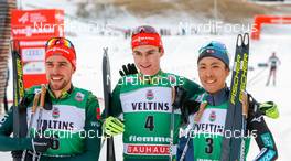 13.01.2019, Val di Fiemme, Italy (ITA): Johannes Rydzek, Vinzenz Geiger, Akito Watabe (l-r)  - FIS world cup nordic combined, individual gundersen HS135/10km, Val di Fiemme (ITA). www.nordicfocus.com. © Volk/NordicFocus. Every downloaded picture is fee-liable.
