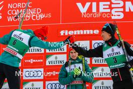 13.01.2019, Val di Fiemme, Italy (ITA): Johannes Rydzek, Vinzenz Geiger, Akito Watabe (l-r) - FIS world cup nordic combined, individual gundersen HS135/10km, Val di Fiemme (ITA). www.nordicfocus.com. © Volk/NordicFocus. Every downloaded picture is fee-liable.
