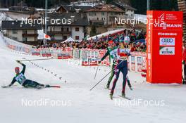12.01.2019, Val di Fiemme, Italy (ITA): Fabian Riessle, Vinzenz Geiger, Joergen Graabak (l-r)  - FIS world cup nordic combined, team sprint HS135/2x7.5km, Val di Fiemme (ITA). www.nordicfocus.com. © Volk/NordicFocus. Every downloaded picture is fee-liable.