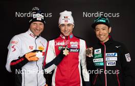 22.02.2019, Seefeld, Austria (AUT): Bernhard Gruber (AUT), Jarl Magnus Riiber (NOR), Akito Watabe (JPN) - FIS nordic world ski championships, nordic combined, medals, Seefeld (AUT). www.nordicfocus.com. Free handout image for editorial use for print and online media. No secondary purchase. © GEPA-pictures/WSC Seefeld 2019 