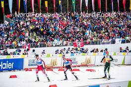 02.03.2019, Seefeld, Austria (AUT): Jarl Magnus Riiber (NOR), Lukas Klapfer (AUT), Vinzenz Geiger (GER), (l-r)  - FIS nordic world ski championships, nordic combined, team HS109/4x5km, Seefeld (AUT). www.nordicfocus.com. © Modica/NordicFocus. Every downloaded picture is fee-liable.