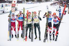 24.02.2019, Seefeld, Austria (AUT): Jan Schmid (NOR), Jarl Magnus Riiber (NOR), Eric Frenzel (GER), Fabian Riessle (GER), Franz-Josef Rehrl (AUT), Bernhard Gruber (AUT), (l-r)  - FIS nordic world ski championships, nordic combined, team sprint HS130/2x7.5km, Seefeld (AUT). www.nordicfocus.com. © Modica/NordicFocus. Every downloaded picture is fee-liable.