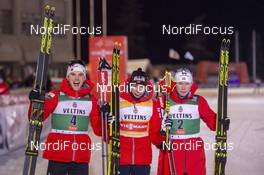 01.12.2019, Ruka, Finland (FIN): Joergen Graabak (NOR), Jarl Magnus Riiber (NOR), Jens Luraas Oftebro (NOR), (l-r)  - FIS world cup nordic combined, individual gundersen HS142/15km, Ruka (FIN). www.nordicfocus.com. © Vianney THIBAUT/NordicFocus. Every downloaded picture is fee-liable.