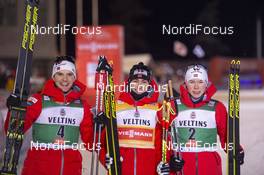 01.12.2019, Ruka, Finland (FIN): Joergen Graabak (NOR), Jarl Magnus Riiber (NOR), Jens Luraas Oftebro (NOR), (l-r)  - FIS world cup nordic combined, individual gundersen HS142/15km, Ruka (FIN). www.nordicfocus.com. © Vianney THIBAUT/NordicFocus. Every downloaded picture is fee-liable.