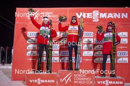 01.12.2019, Ruka, Finland (FIN): Joergen Graabak (NOR), Jarl Magnus Riiber (NOR), Jens Luraas Oftebro (NOR), (l-r) - FIS world cup nordic combined, individual gundersen HS142/15km, Ruka (FIN). www.nordicfocus.com. © Vianney THIBAUT/NordicFocus. Every downloaded picture is fee-liable.