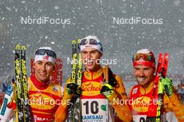 21.12.2019, Ramsau, Austria (AUT): Jarl Magnus Riiber (NOR), Vinzenz Geiger (GER), Fabian Rießle (GER) (l-r)  - FIS world cup nordic combined, individual gundersen HS98/10km, Ramsau (AUT). www.nordicfocus.com. © Volk/NordicFocus. Every downloaded picture is fee-liable.