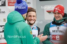 01.01.2019, Garmisch-Partenkirchen, Germany (GER): Andreas Wellinger (GER), Markus Eisenbichler (GER), Stephan Leyhe (GER), (l-r)  - FIS world cup ski jumping, four hills tournament, individual HS140, Garmisch-Partenkirchen (GER). www.nordicfocus.com. © Rauschendorfer/NordicFocus. Every downloaded picture is fee-liable.