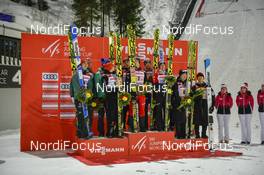 09.02.2019, Lahti, Finland (FIN): Karl Geiger (GER), Richard Freitag (GER), Andreas Wellinger (GER), Stephan Leyhe (GER), Philipp Aschenwald (AUT), Gregor Schlierenzauer (AUT), Michael Hayboeck (AUT), Stefan Kraft (AUT), Yukiya Sato (JPN), Daiki Ito (JPN), Junshiro Kobayashi (JPN), Ryoyu Kobayashi (JPN), (l-r) - FIS world cup ski jumping, team HS130, Lahti (FIN). www.nordicfocus.com. © Thibaut/NordicFocus. Every downloaded picture is fee-liable.