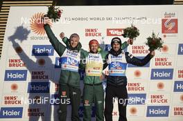 23.02.2019, Innsbruck, Austria (AUT): Karl Geiger (GER), Markus Eisenbichler (GER), Killian Peier (SUI), (l-r) - FIS nordic world ski championships, ski jumping, individual HS130, Innsbruck (AUT). www.nordicfocus.com. © THIBAUT/NordicFocus. Every downloaded picture is fee-liable.