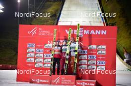 21.12.2019, Engelberg, Switzerland (SUI): Stefan Kraft (AUT), Kamil Stoch (POL), Karl Geiger (GER), Podium - FIS world cup ski jumping, individual HS140, Engelberg (SUI). www.nordicfocus.com. © Reichert/NordicFocus. Every downloaded picture is fee-liable.