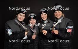 26.02.2019, Seefeld, Austria (AUT): Anna Odine Stroem (NOR), Ingebjoerg Saglien Braaten (NOR), Silje Opseth (NOR), Maren Lundby (NOR) - FIS nordic world ski championships, ski jumping ladies, medals, Seefeld (AUT). www.nordicfocus.com. Free handout image for editorial use for print and online media. No secondary purchase. © GEPA-pictures/WSC Seefeld 2019 