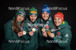 26.02.2019, Seefeld, Austria (AUT): Juliane Seyfarth (GER), Ramona Straub (GER), Carina Vogt (GER), Katharina Althaus (GER) - FIS nordic world ski championships, ski jumping ladies, medals, Seefeld (AUT). www.nordicfocus.com. Free handout image for editorial use for print and online media. No secondary purchase. © GEPA-pictures/WSC Seefeld 2019 