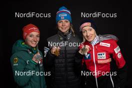 27.02.2019, Seefeld, Austria (AUT):  Althaus Katharina (GER), Lundby Maren (NOR), Iraschko Stolz Daniela (AUT) - FIS nordic world ski championships, ski jumping ladies, medals, Seefeld (AUT). www.nordicfocus.com. Free handout image for editorial use for print and online media. No secondary purchase. © GEPA-pictures/WSC Seefeld 2019 