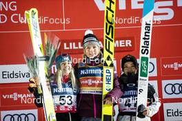 08.12.2019, Lillehammer, Norway (NOR): Chiara Hoelzl (AUT), Maren Lundby (NOR), Sara Takanashi (JPN), (l-r) - FIS world cup ski jumping ladies, individual HS140, Lillehammer (NOR). www.nordicfocus.com. © Modica/NordicFocus. Every downloaded picture is fee-liable.