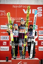 08.12.2019, Lillehammer, Norway (NOR): Chiara Hoelzl (AUT), Maren Lundby (NOR), Sara Takanashi (JPN), (l-r) - FIS world cup ski jumping ladies, individual HS140, Lillehammer (NOR). www.nordicfocus.com. © Modica/NordicFocus. Every downloaded picture is fee-liable.