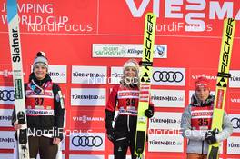 14.12.2019, Klingenthal, Germany (GER): Podium, Group (l-r), Ema Klinec (SLO), Chiara Hoelzl (AUT), Katharina Althaus (GER) - FIS world cup ski jumping ladies, individual HS140, Klingenthal (GER). www.nordicfocus.com. © Reichert/NordicFocus. Every downloaded picture is fee-liable.