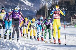 19.01.2019, St. Moritz, Switzerland (SUI): Britta Johansson Norgren (SWE), Katerina Smutna (CZE), Astrid Oyre Slind (NOR), Lina Korsgren (SWE), Elin Mohlin (SWE), Heli Heiskanen (FIN), Kari Vikhagen Gjeitnes (NOR), Viktoria Melina (RUS), Sofie Elebro (SWE), Julia Angelsioeoe (SWE), (l-r)  - Visma Ski Classics La Diagonela, St. Moritz (SUI). www.nordicfocus.com. © Modica/NordicFocus. Every downloaded picture is fee-liable.