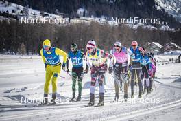 19.01.2019, St. Moritz, Switzerland (SUI): Chris Andre Jespersen (NOR), Petter Eliassen (NOR), Alexander  Grebenko (RUS), Andreas Aukland (NOR), Magnus Vesterheim (NOR), (l-r)  - Visma Ski Classics La Diagonela, St. Moritz (SUI). www.nordicfocus.com. © Modica/NordicFocus. Every downloaded picture is fee-liable.