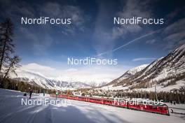 19.01.2019, St. Moritz, Switzerland (SUI): Typical Swiss Red Train   - Visma Ski Classics La Diagonela, St. Moritz (SUI). www.nordicfocus.com. © Modica/NordicFocus. Every downloaded picture is fee-liable.