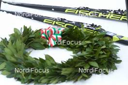 27.01.2019, Cavalese, Italy (ITA): Fischer skis of Britta Johansson Norgren (SWE) with victory wreath - Visma Ski Classics and FIS Worldloppet Cup Marcialonga, Cavalese (ITA). www.nordicfocus.com. © Rauschendorfer/NordicFocus. Every downloaded picture is fee-liable.