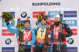 19.01.2020, Ruhpolding, Germany (GER): Martin Fourcade (FRA), Vetle Sjaastad Christiansen (NOR), Quentin Fillon Maillet (FRA) -  IBU world cup biathlon, pursuit men, Ruhpolding (GER). www.nordicfocus.com. © Tumashov/NordicFocus. Every downloaded picture is fee-liable.