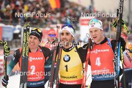 19.01.2020, Ruhpolding, Germany (GER): Martin Fourcade (FRA), Quentin Fillon Maillet (FRA), Vetle Sjaastad Christiansen (NOR) -  IBU world cup biathlon, pursuit men, Ruhpolding (GER). www.nordicfocus.com. © Tumashov/NordicFocus. Every downloaded picture is fee-liable.