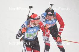 18.01.2020, Ruhpolding, Germany (GER): Dominik Landertinger (AUT), Simon Eder (AUT) -  IBU world cup biathlon, relay men, Ruhpolding (GER). www.nordicfocus.com. ©Tumashov/NordicFocus. Every downloaded picture is fee-liable.