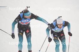 18.01.2020, Ruhpolding, Germany (GER): Emilien Jacquelin (FRA), Martin Fourcade (FRA) -  IBU world cup biathlon, relay men, Ruhpolding (GER). www.nordicfocus.com. ©Tumashov/NordicFocus. Every downloaded picture is fee-liable.