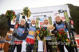 17.01.2020, Ruhpolding, Germany (GER): Karoline Offigstad Knotten (NOR), Ingrid Landmark Tandrevold (NOR), Tiril Eckhoff (NOR), Marte Olsbu Roeiseland (NOR) -  IBU world cup biathlon, relay women, Ruhpolding (GER). www.nordicfocus.com. © Tumashov/NordicFocus. Every downloaded picture is fee-liable.