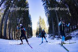 21.01.2020, Pokljuka, Slovenia (SLO): Martin Fourcade (FRA), Simon Desthieux (FRA), Quentin Fillon Maillet (FRA), (l-r) -  IBU world cup biathlon, training, Pokljuka (SLO). www.nordicfocus.com. © Manzoni/NordicFocus. Every downloaded picture is fee-liable.